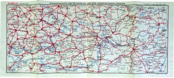 Strassenkarte von Österreich und  den angrenzenden Ländern, alte Landkarte von 1931, alter Druck